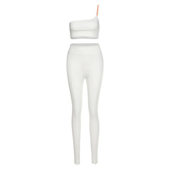 Simenual White One Shoulder Bodycon Matching Sets Women Sporty Casual Skinn Two Piece Outfits Sleeveless Top And Side Slit Pants