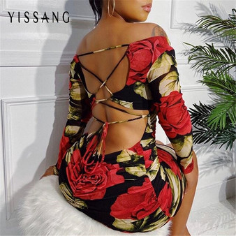 Yissang Floral Print Backless Summer Dress Women Ruched Strap Long Sleeve Mesh Summer Party Dress Female Sexy Bodycon Dress 2020
