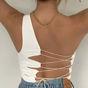 Cryptographic One Shoulder Fashion Sexy Backless Lace Up Crop Tops for Women Summer Bandage Top Cropped Sleeveless Top Solid