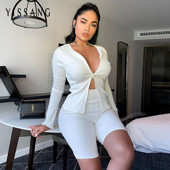Yissang Double Zippered Knitted Sweater 2 Piece Set Women O Neck Crop Top And Shorts Matching Set Two Piece Set Summer Outfits