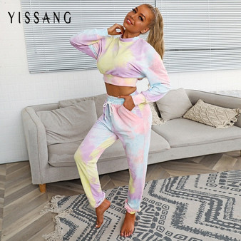 Yissang Tie Dye Cotton Autumn 2 Piece Set Women Short Crop Top And Long Pant Set TrackSuit Sexy Two Piece Set Streetwear 2020