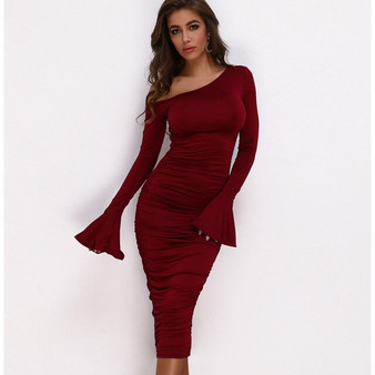 Yissang Sexy One Shoulder Bodycon Party Dresses Elegant Women Casual Midi Sheath Slim Bodycon Dress Package Hip Midi Dress