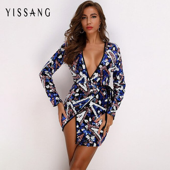 Yissang Sequin Patchwork Sexy Dress Women Deep V Neck Long Sleeve Split Autumn Dresses Party Club Famel Mini Dress Vestido 2019