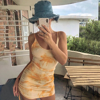 Yissang Tie Dye Drawstring Printed Bodycon Dress Women Ruched Strap Sexy Summer Mini Dresses Orange Elegant Bandage Dress 2020