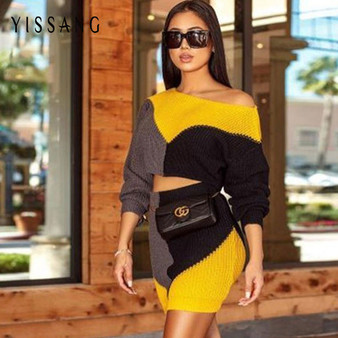 Yissang Knitting Patchwork Sexy Two Piece Set Long Sleeve Crop Top And Mini Skirt Women Set Sweater 2 Piece Set Women Outfits