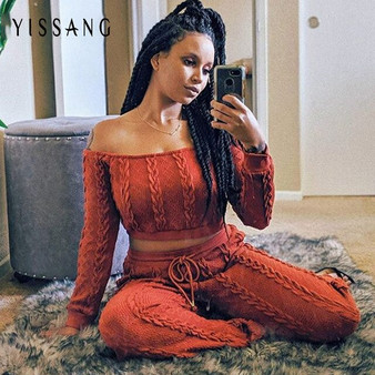Yissang Knitted Sweater Off Shoulder Autumn 2 Piece Set Women Long Sleeve Crop Top And Long Pants Suit Set Sexy Two Piece Set