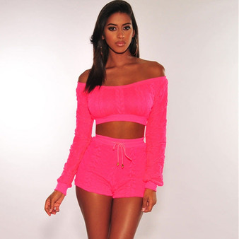 Yissang Knitted Sweater Two Piece Women Sets Off Shoulder Long Crop Top And Short Pants Suit Set 2 Piece Set Sexy Summer Clothes