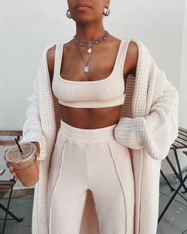 Yissang Knitted Summer Two Piece Set Women Strap Shorts Crop Top And Long Pants Elastic Set Tracksuit Sexy 2 Piece Set 2020