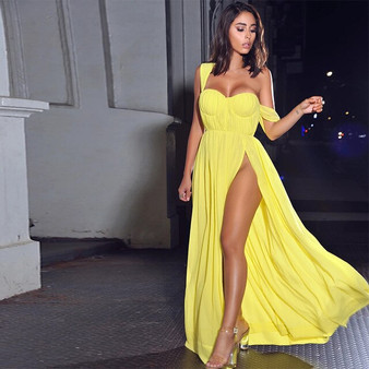 Yissang Ruched Summer Party Dress Women Strap Off One Shoulder High Split Bodycon Maxi Long Dress Female Sexy Elegant Dress 2020