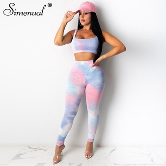 Simenual Sporty Active Wear Tie Dye Women Matching Sets Sleeveless Casual Fitness Workout Tracksuits Bodycon Top And Pants Set