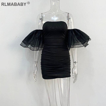 RLMABABY Sexy Night Club Puff Sleeve Women Dress Off Shoulder Pleated Mini Dress Summer Women Mesh Dress Party Bodycon Dress