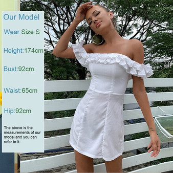 Feditch 2020 Off shoulder strapless White dresses bodycon ruffle pleated Short dress Women Elegant holiday slim beach mini dress