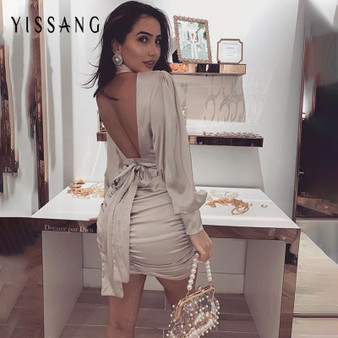 Yissang Hollow Out sexy Satin Bandage Party Dresses Women Autumn Mini Dress Long Sleeve Backless Slim Belt Elegant Dress 2020