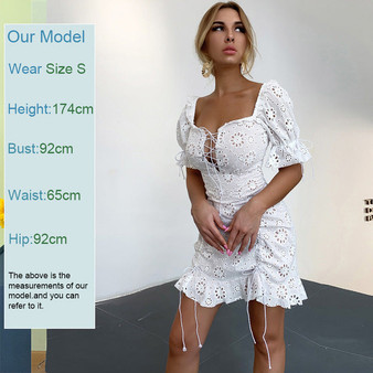 Feditch White Lace Summer Dress Women Boho Hollow Out Bodycon Embroidery White Dress Backless Tie Ruffle Hemline Beach Dresses