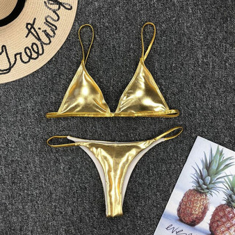 Sexy Women Bikini Micro Metallic Color Triangle Bikini Set G-String Thong Swimsuit Backless Shiny Bathing Suits