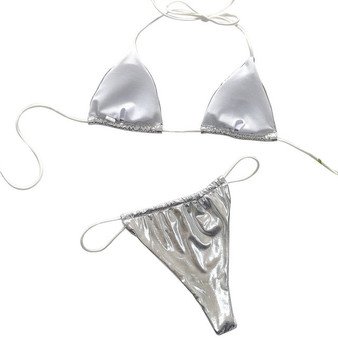 Micro Bikini 2020  Exotic Bikini Set Metallic Shiny Wet Look Bra Micro G-string Thong Lingerie Underwear Swimwear Women Swimsuit