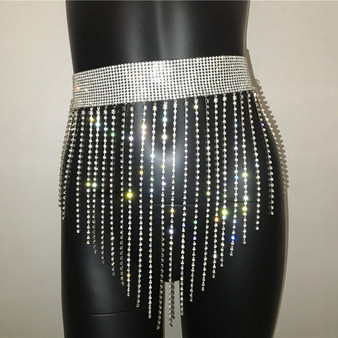 Shiny Crystal Rhinestones Mini Skirts Diamond Long Tassel Luxury Sexy Women Loose Adjustable Night Club Party Fashion Skirt 2020