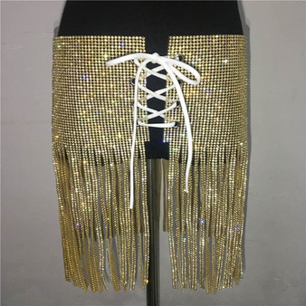 Luxury Glitter Metal Crystal Diamonds Skirts Women Hollow Out Diamonds Rhinestone Lace Up Sexy Clubwear Nightclub Mini Skirt