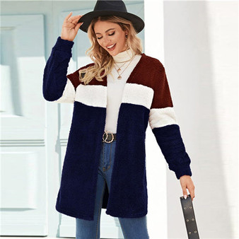 SHEIN Multicolor Cut-And-Sew Open Front Casual Winter Teddy Coat Women Streetwear Long Sleeve Ladies Colorblock Stretchy Outwear