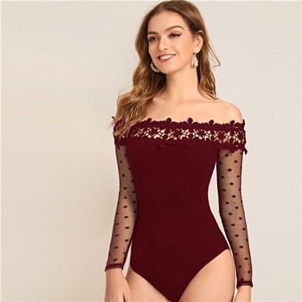 SHEIN Off The Shoulder Contrast Lace Bardot Party Bodysuit Women 2019 Autumn Mesh Long Sleeve Elegant Skinny Bodysuits