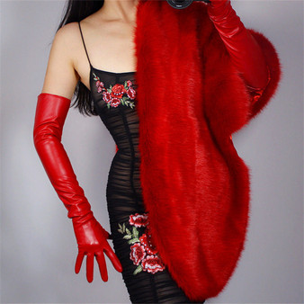 Extra Long Leather Gloves Female 70cm Over Elbow Emulation Leather Faux Sheepskin PU Unlined Woman Gloves Fashion Red WPU54