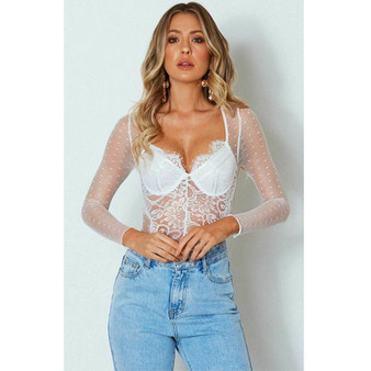 2019 Women Hot Sexy Bodysuits Lace Mesh See Through Sheer Rompers Long Sleeve V Neck Bodysuit Club Transparent Tops
