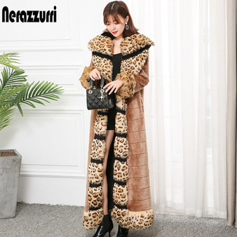 Nerazzurri x-long winter faux fur coat women with leopard fox fur trim lengthened furry warm plus size fake mink fur overcoat