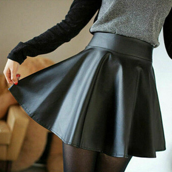 Fashion Women High Waist Pleated Short Mini Faux Leather Skirt