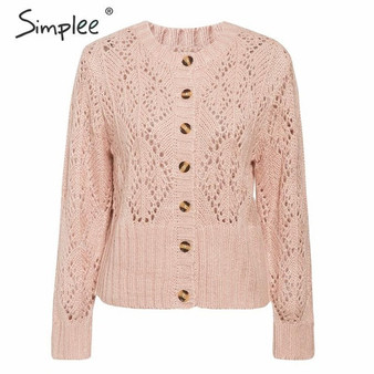 Simplee Hollow out crohect knitted cardigan sweater Women winter lady sweater Long sleeve high waist female outwear jumper 2019