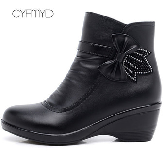 Female boot butterfly knot split leather boots women winter shoes warm plush ankle boots black wedges zip botines mujer 2019