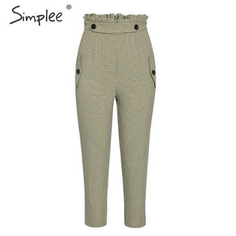 Simplee Plaid work pants women Ruffle high waist zipper harem pants capris female Vintage button ladies autumn trousers 2019