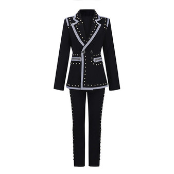 Winter black two-piece long-sleeved V-neck rivet blazer and high-waist pants casual women's suit celebrity runway party set
