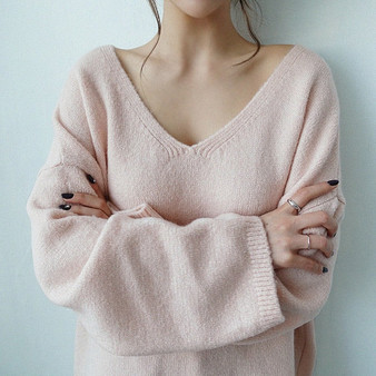 Colorfaith New 2019 Autumn Winter Women's Sweaters V-Neck Long Sleeve Tops Minimalist Korean Style Knitting Casual Pink SW8108