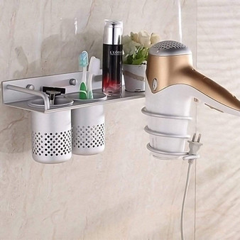 Multifunctional Bathroom Organizer & Storage - Wall Mount Toothbrush Holder and Hair Dryer Holder - Bathroom Wall Shelf with Storage Cup for Blow Dryer, Flat Iron, Curling Wand, Straightener (A)