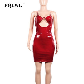 FQLWL Spaghetti Strap Faux Pu Leather Dress Women Backless Red Black Christmas Short Party Dress Bodycon Mini Sexy Club Dresses