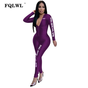 FQLWL Long Sleeve Black Bodycon Female Jumpsuit For Women Playsuit Letter Print Zipper Skinny Rompers Womens Jumpsuit Overalls