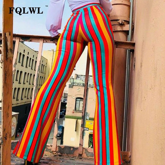 FQLWL Rainbow Wide Leg Women Pants Stripes High Waist Flare Pants Female Casual Winter Skinny Sexy Palazzo Pants Ladies Trousers