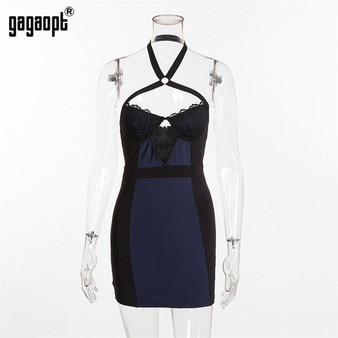 Gagaopt 2019 Halter Club Dresses Women Fashion Contrast Color Sexy Bodycon Dress Backless Mini Party Dresses Vestidos Robes