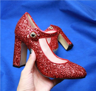 Red Bling Sequins Pumps Women Square High Heel Round Toe Belt With Crystal Glitter Mary Janes Party Shoes Woman