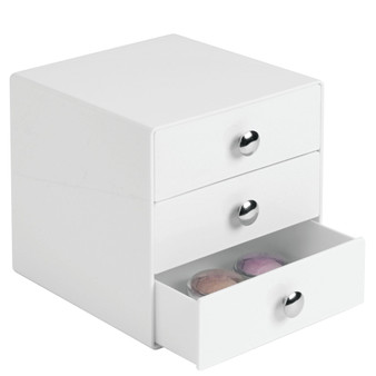 iDesign Plastic 3 Jewelry Box, Compact Storage Organization Drawers Set for Cosmetics, Makeup, Hair Care, Bathroom, Office, Dorm, Desk, Countertop, 6.5" x 6.5" x 6.5", Set of 4, White