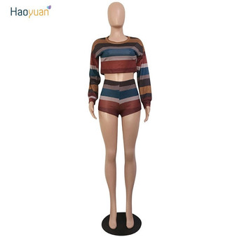 HAOYUAN Sexy Knitted Two Piece Set Women Clothes Crop Tops+Shorts Suits Autumn Outfits Casual Stripe Sweater 2 Pcs Matching Sets