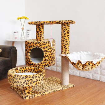 Solid Wood Cat Tree House with Hanging Ball