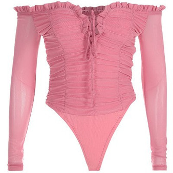 Uvkkc Women Sexy Bodysuit 2019 Spring Mesh Ruffles Off Shoulder Patchwork Long Sleeve Bodycon Pink Solid Bodysuit For Women