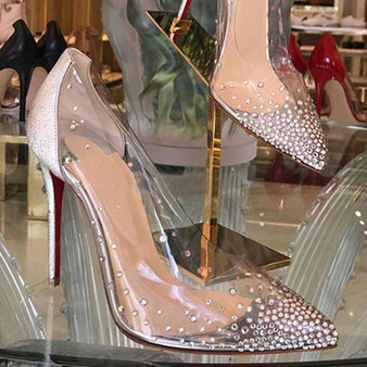 2018 New plexi clear PVC crystal covered high heels Stiletto heels celebs styles pointed toe dress party shoes woman luxury