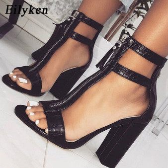 Eilyken High Heels Sandals Women Pumps Ruffle Zipper Women Summer Shoes Fashion Black Square heel Zapatos Mujer