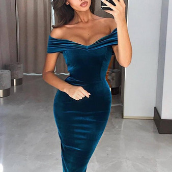 Women Sexy Off Shoulder Velvet Midi Dress Spring Summer Wrap Bodycon Elegant Party Dress Slash Neck Robe Dresses Female Vestido