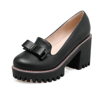 Dousin Partin Fashion Black Women Pumps Square High Heel Platform Round Toe Bow Tie PU leather Ladies Wedding Shoes N874563