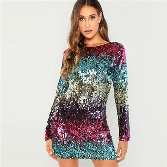 SHEIN Multicolor Party Sequins Iridescent Skinny Round Neck Long Sleeve Dress 2018 Autumn Night Out Women Dresses