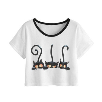 Women Cute Cat Print Short T-shirt