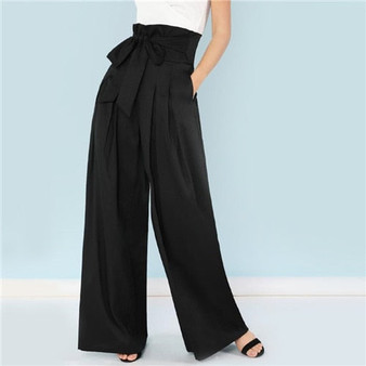 SHEIN Self Belted Box Pleated Palazzo Pants Women Elegant Loose Long Pants 2018 Fall Ginger High Waist Wide Leg Pants